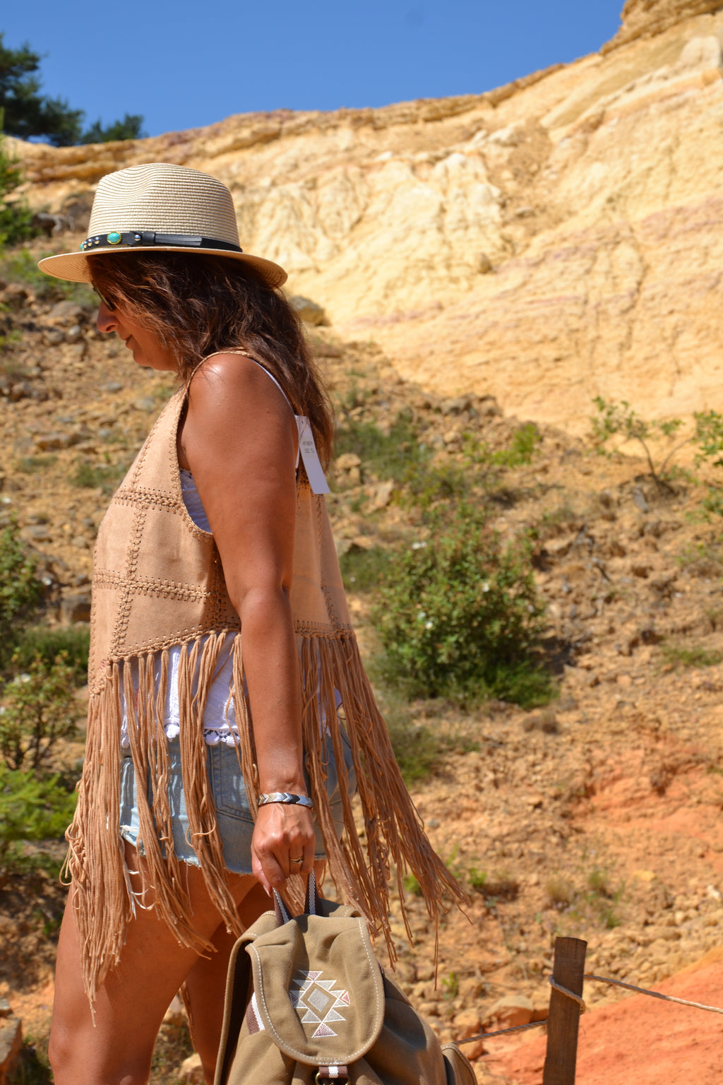 Fringe Vest — Veste sans manches à franges - camel