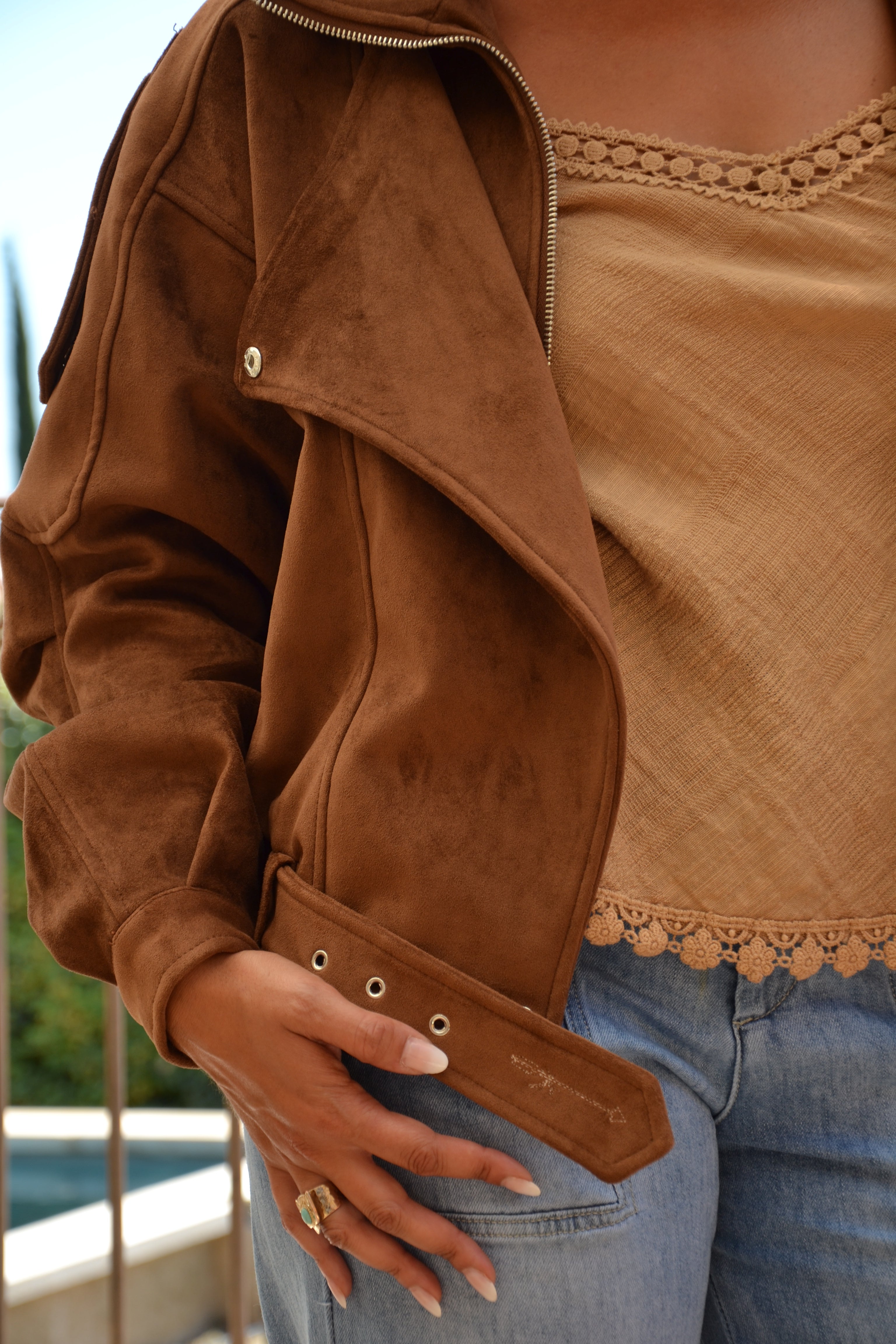 Canyon Jacket — Veste biker effet daim - Camel
